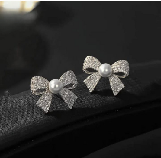 Korean Elegant Zircon Bow Style Earrings Pearl Style Bow Earrings For Girls